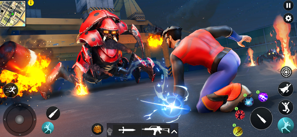 Flying Hero City Crime RPG - Superhero in a red suit battling a giant red alien creature with fire and explosions in the background