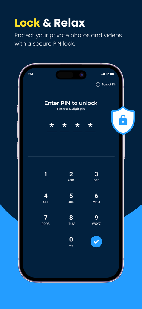 Calculator Vault - Lock Photo - Un teléfono inteligente que muestra una interfaz de bloqueo PIN seguro para la aplicación Calculator Vault para proteger medios privados