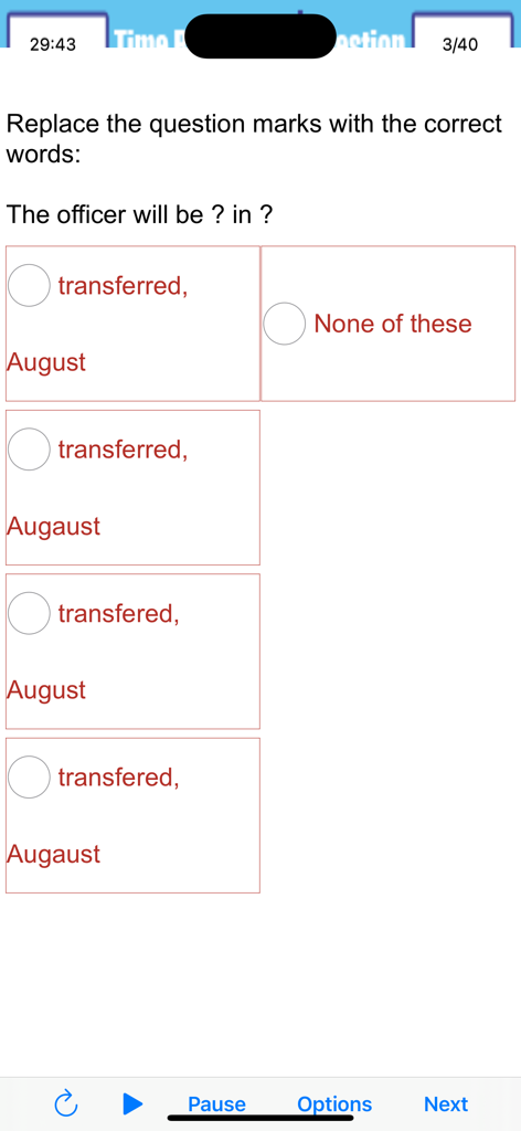 Test Your Aptitude - A multiple choice verbal reasoning question in the Test Your Aptitude app asking to fill in the blanks with correctly spelled words.