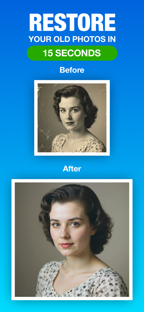 Before and after comparison of an old vintage portrait restored with AI