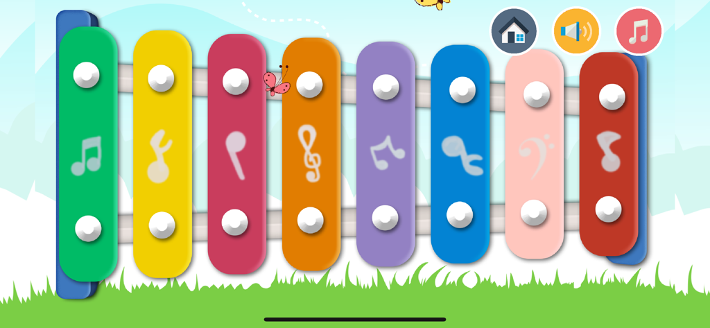 Baby Xylophone With Kids Songs - Interfaz colorida de xilófono digital con ocho teclas musicales y animaciones sencillas para niños pequeños.