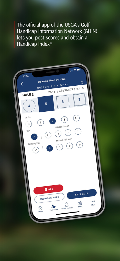 GHIN - GHIN app interface for hole-by-hole golf scoring and performance statistics