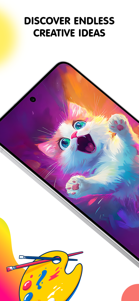 Pop Color: Painting & Coloring - Smartphone exibindo uma pintura digital colorida de um gatinho no aplicativo Pop Color