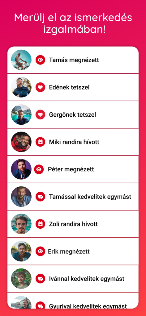 Eine Liste von Benachrichtigungen in der Randivonal-App, die Profilaufrufe, Likes und Dating-Einladungen von verschiedenen Matches zeigen