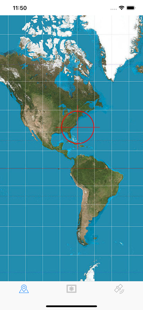 World Now - Oberfläche der World Now App, die eine globale Satellitenkarte mit einem roten Fadenkreuz-Cursor über der Ostküste Nordamerikas zeigt.