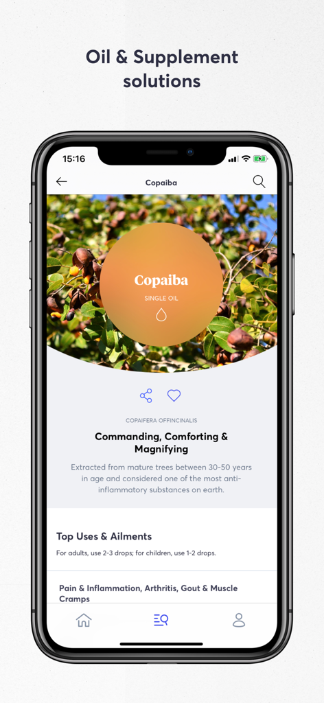 The Essential Life - Oil Guide - Copaiba essential oil information page in the Essential Life app showing therapeutic benefits and top uses