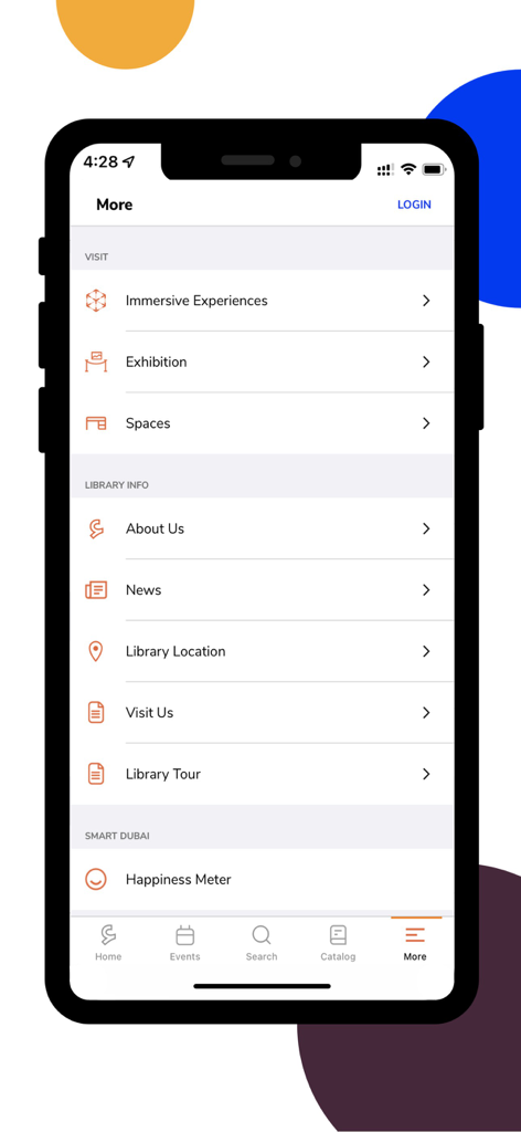 MBRL - A guia Mais no aplicativo MBRL mostrando opções para experiências imersivas, exposições, espaços e informações da biblioteca.