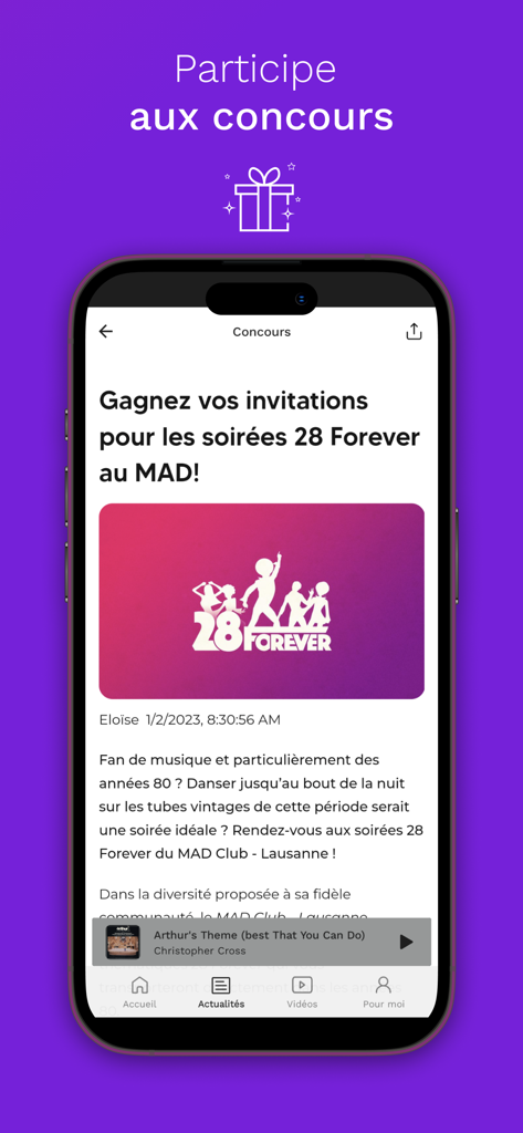 LFM - LFM radio app interface showing a contest for invitations to music events in Lausanne Switzerland
