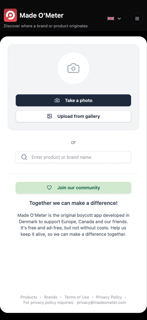 Made O'Meter - Tela inicial do aplicativo Made O Meter mostrando opções de escaneamento e pesquisa de produtos
