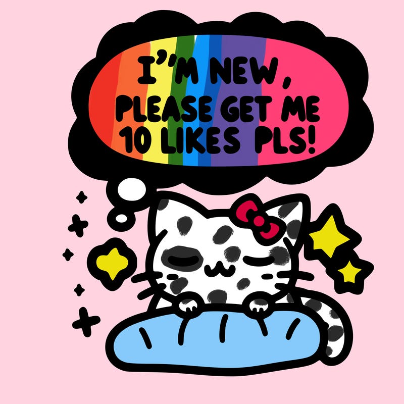 kitty taking a nap dream talking and saying "i'm new, please get me at least 10 likes pls!!"