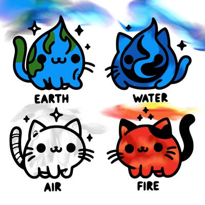 4 cats that represent the different elements, earth, water, air, and fire