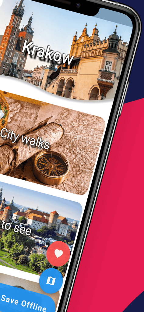 KRAKOW Guide Tickets & Hotels - Krakow travel guide mobile app interface showing sections for city walks and landmarks with an option to save content offline
