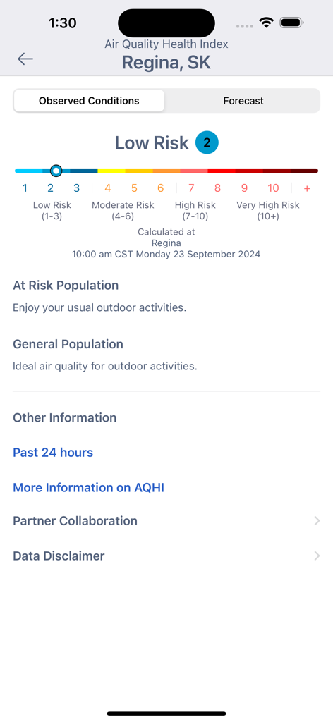 WeatherCAN - Schermata dell'Air Quality Health Index nell'app WeatherCAN che mostra bassi livelli di rischio e consigli sanitari per Regina Saskatchewan