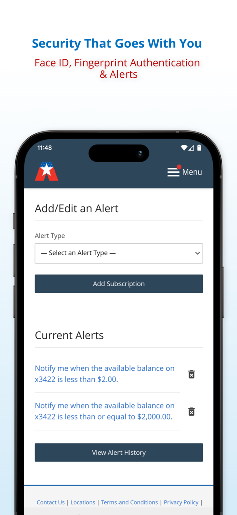 ANBTX Mobile Banking - ANBTX mobile banking app screen for managing security alerts and account balance notifications