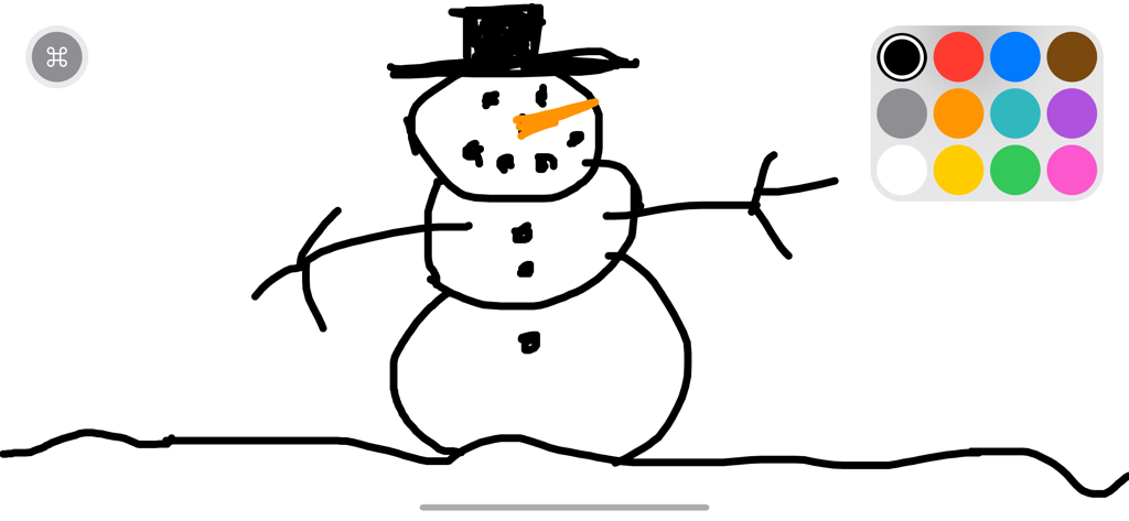 A simple hand drawn snowman with a hat and orange nose on a digital whiteboard app interface