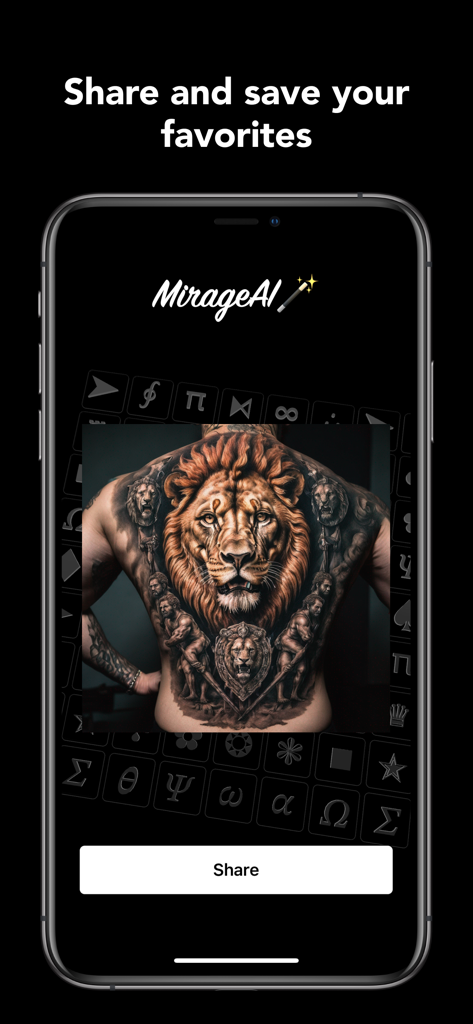 共有ボタンが付いたAI生成のライオンタトゥーデザインを表示するMirageAIモバイルアプリ画面