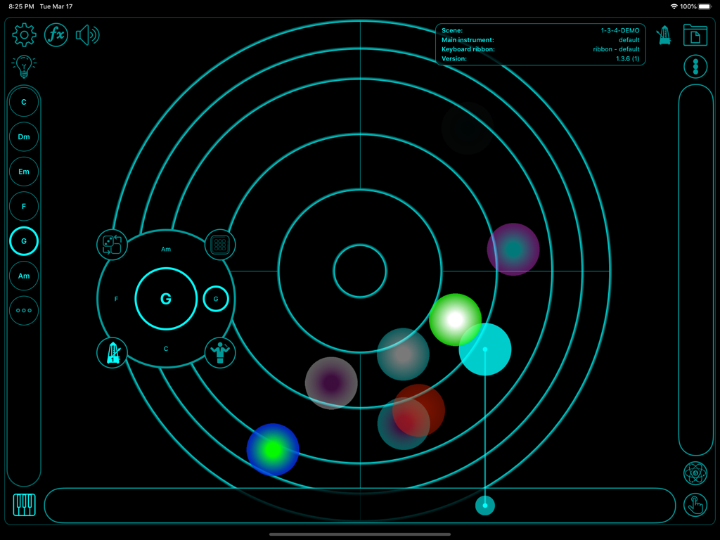 Touchscaper app interface showing the unique radar music controller with glowing note circles