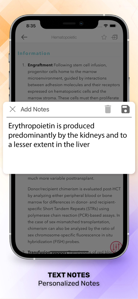 Washington Manual of Oncology - The Washington Manual of Oncology app showing the personalized text notes feature with a medical note about erythropoietin.