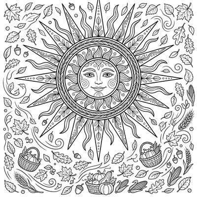 Immerse yourself in the rustic charm of autumn with this delightful coloring page featuring a radiant, smiling sun at its heart. Surrounded by an abundant harvest of leaves, pumpkins, and cozy cottagecore elements, it's a perfect blend of warmth and seasonal beauty.