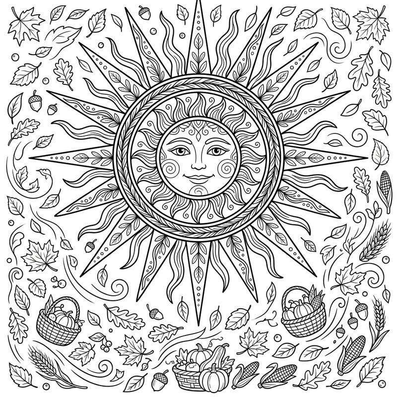 Immerse yourself in the rustic charm of autumn with this delightful coloring page featuring a radiant, smiling sun at its heart. Surrounded by an abundant harvest of leaves, pumpkins, and cozy cottagecore elements, it's a perfect blend of warmth and seasonal beauty.