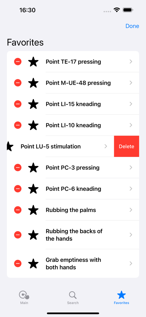 Una lista de puntos de acupresión y técnicas de automasaje guardados en la sección de favoritos de la aplicación