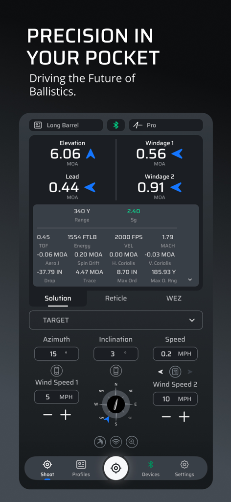 AB Quantum - AB Quantum mobile app displaying precision ballistics solution data for long-range shooting