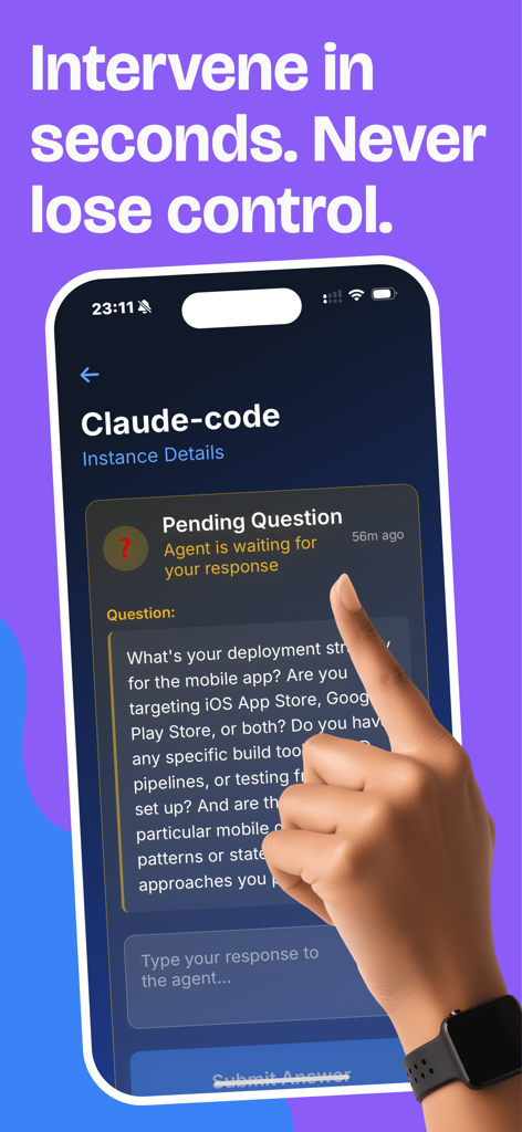 Omnara mobile app Oberfläche zeigt einen Benutzer, der auf eine offene Frage eines KI-Agenten antwortet