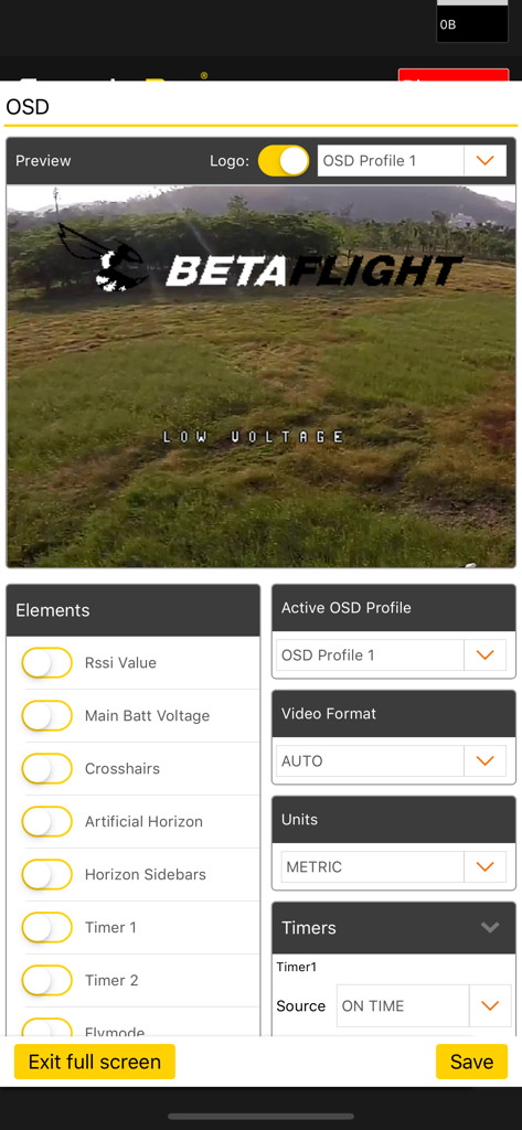 SpeedyBee App - Pantalla de configuración OSD de la aplicación SpeedyBee para ajustar los elementos de visualización del dron Betaflight