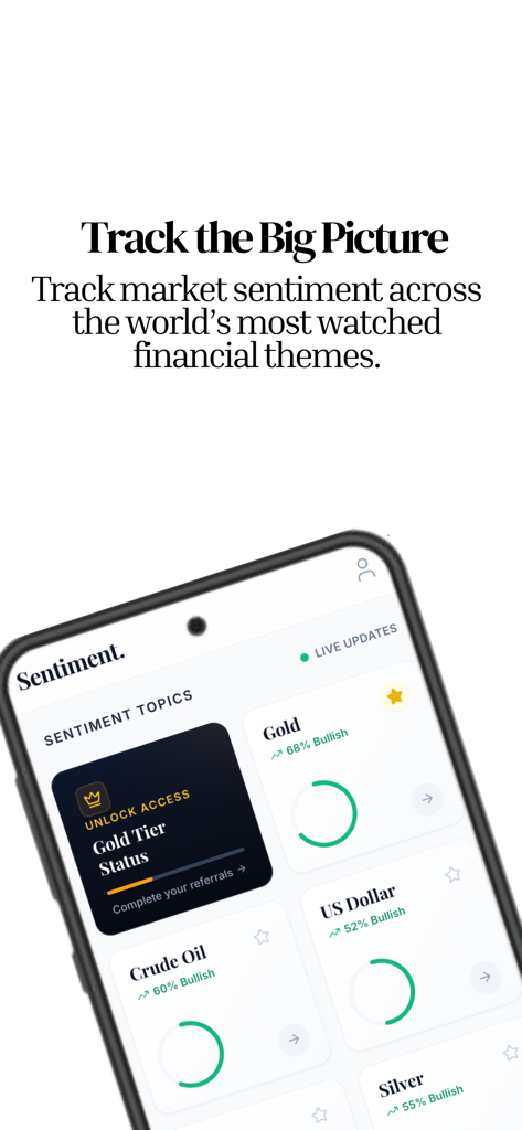 Sentiment: Finance News - A smartphone displaying market sentiment scores for gold, crude oil, and the US dollar.