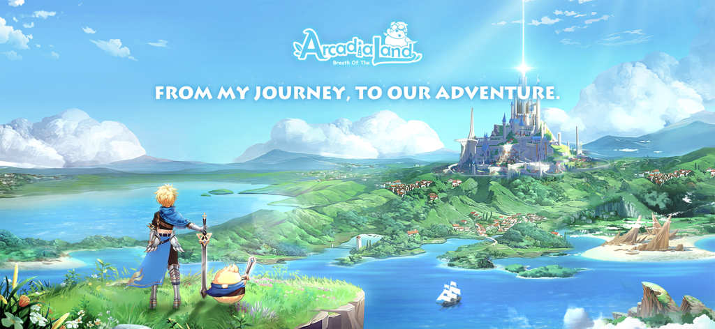 Arcadia: Breath of the Land - A hero and his pet companion overlooking a lush open world landscape with a white castle