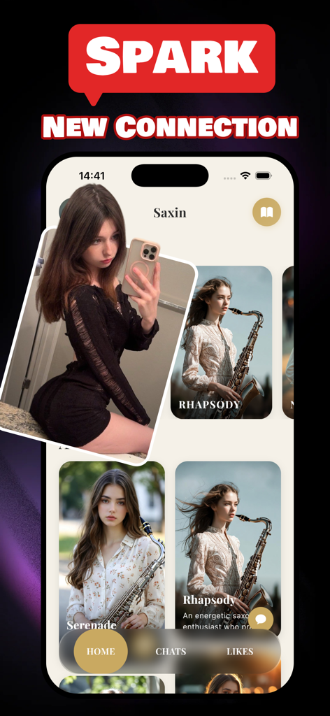 Saxin - Interface of Saxin app featuring virtual saxophone player characters for chat