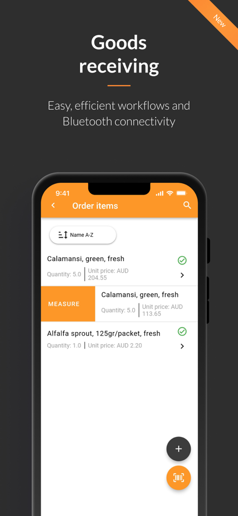 Interface de l'application FutureLog montrant le flux de réception des marchandises avec une liste d'articles alimentaires commandés et un bouton de mesure.