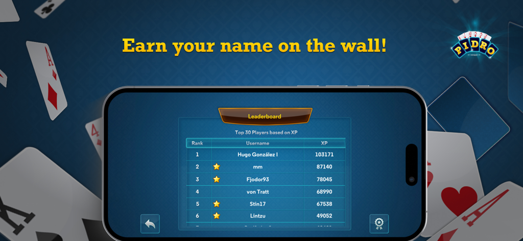 Leaderboard screen of Pidro card game showing top player rankings by XP