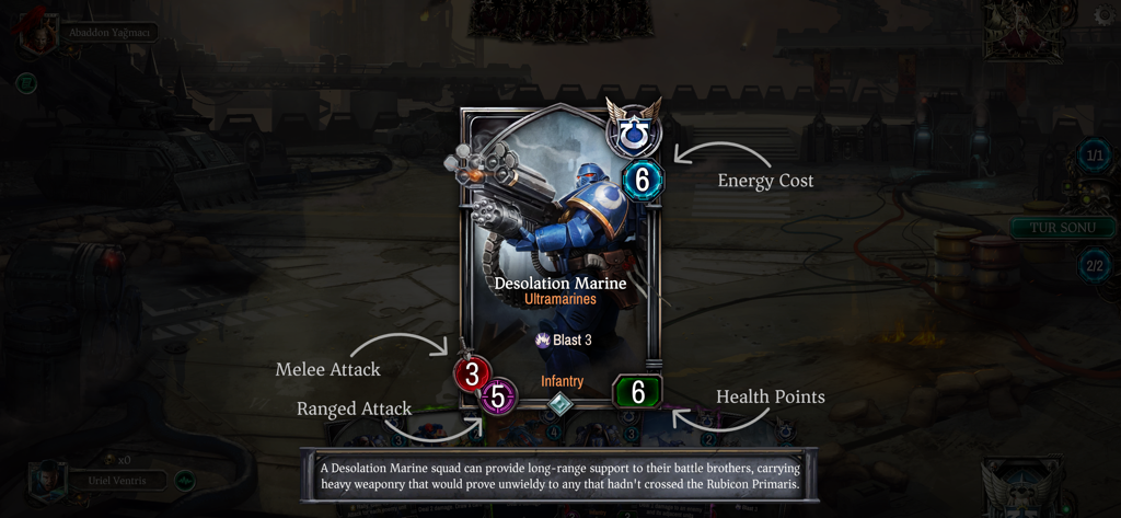 Warhammer 40,000: Warpforge - Interface de usuário de cartas de Warhammer 40000 Warpforge mostrando estatísticas e habilidades para um Marine de Desolação