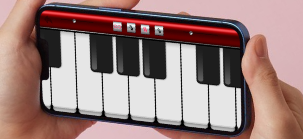 A person holding a smartphone displaying a digital piano keyboard on the screen.