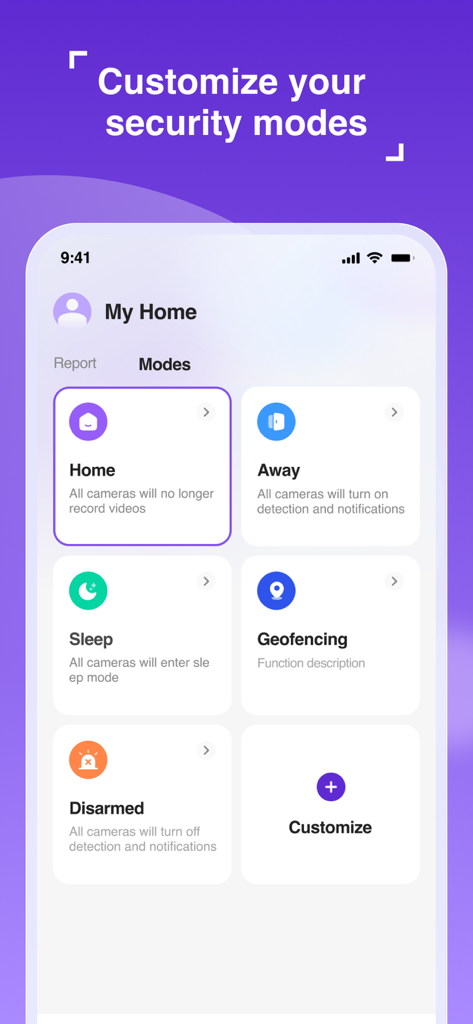 Interface of the Cinmoore app showing customizable security modes such as Home Away and Sleep