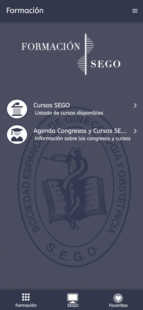 Mi SEGO - Pantalla de la aplicación Mi SEGO que muestra cursos de formación y agenda de congresos médicos