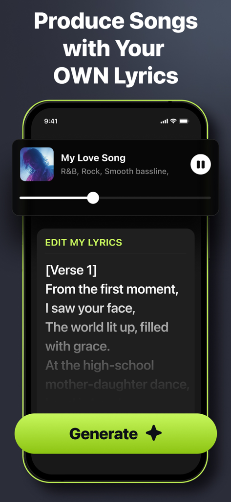 Muzio AI Song&Music Generator - Muzio AI app interface showing the produce songs with your own lyrics feature