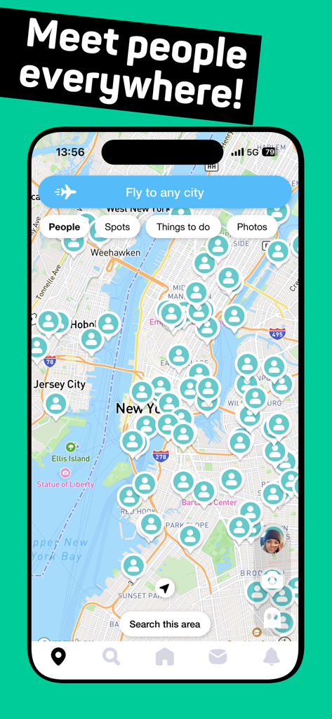 Buzz - Make friends - Interface de mapa no aplicativo Buzz mostrando pinos de usuários em Nova York para conhecer pessoas em qualquer lugar
