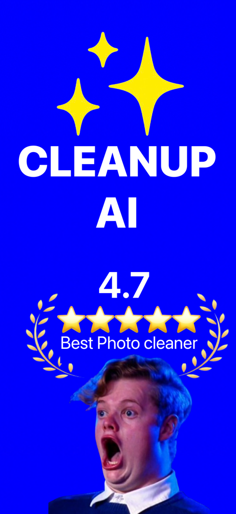Pantalla promocional de la aplicación Cleanup AI que muestra una calificación de 4.7 estrellas y el título Mejor limpiador de fotos con cara de sorpresa.