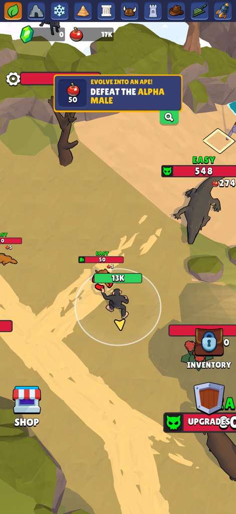 A gameplay screenshot of Idle Human Evolution Merge RPG showing an early human character on a path in the primitive era environment with a quest to evolve into an ape.