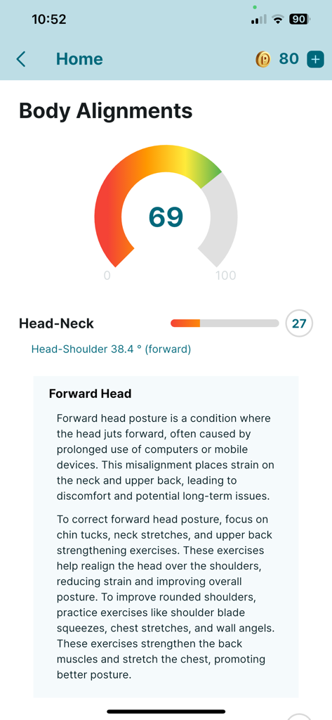 PosePro: Postural assessment - PosePro app interface displaying a body alignment score of 69 and a detailed analysis of forward head posture.