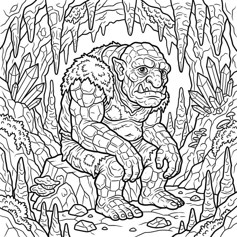 Explore a fantastic underground world with this Cave Troll coloring page, perfect for seniors. Its clear outlines and detailed cavern setting offer a relaxing and engaging artistic adventure.