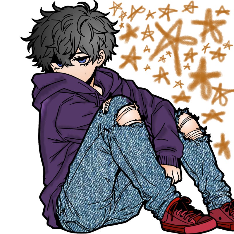 a male hoddie ripped jeans messy hair anime