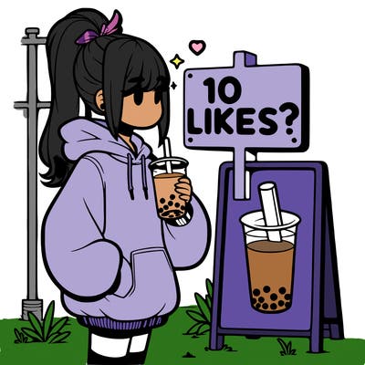 girl with oversized hoodie drinking boba and she has a high ponytail with a sign that says 10likes?