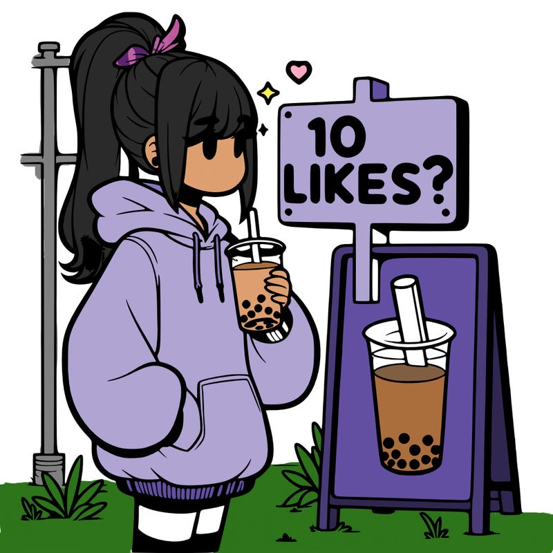 girl with oversized hoodie drinking boba and she has a high ponytail with a sign that says 10likes?