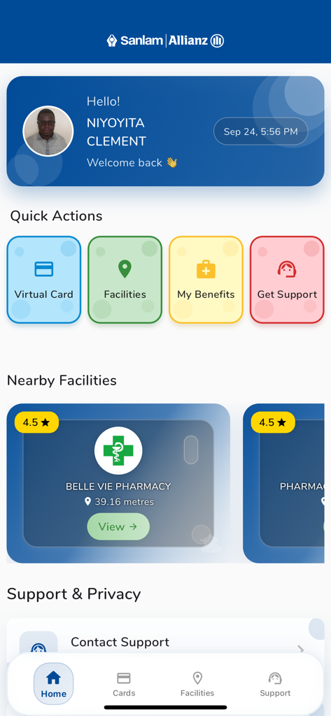 E-VUZE - E-VUZE app home screen showing virtual medical card and nearby health facilities