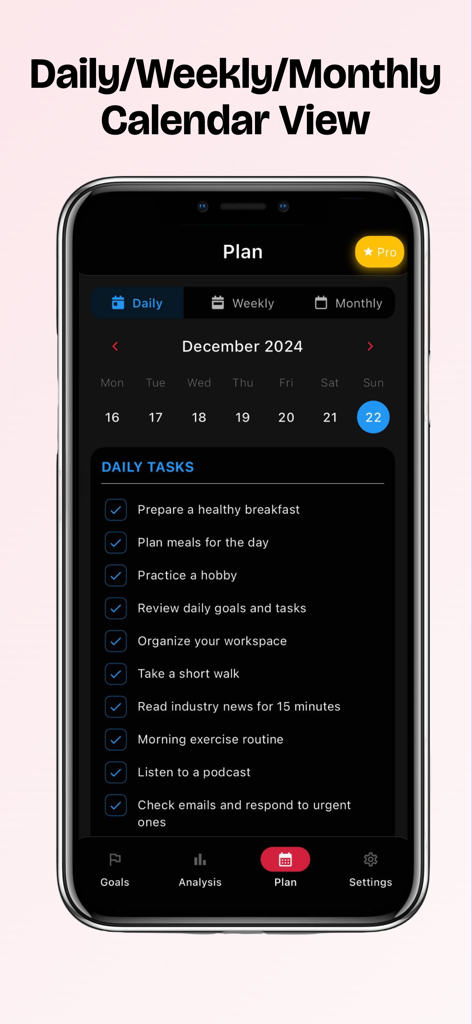 Year Goals - A smartphone showing the daily tasks and calendar view in the Year Goals app