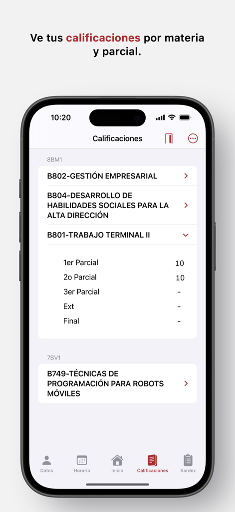 SAES for Studentsアプリの成績セクションのスクリーンショット。コース名と数値スコアが表示されます