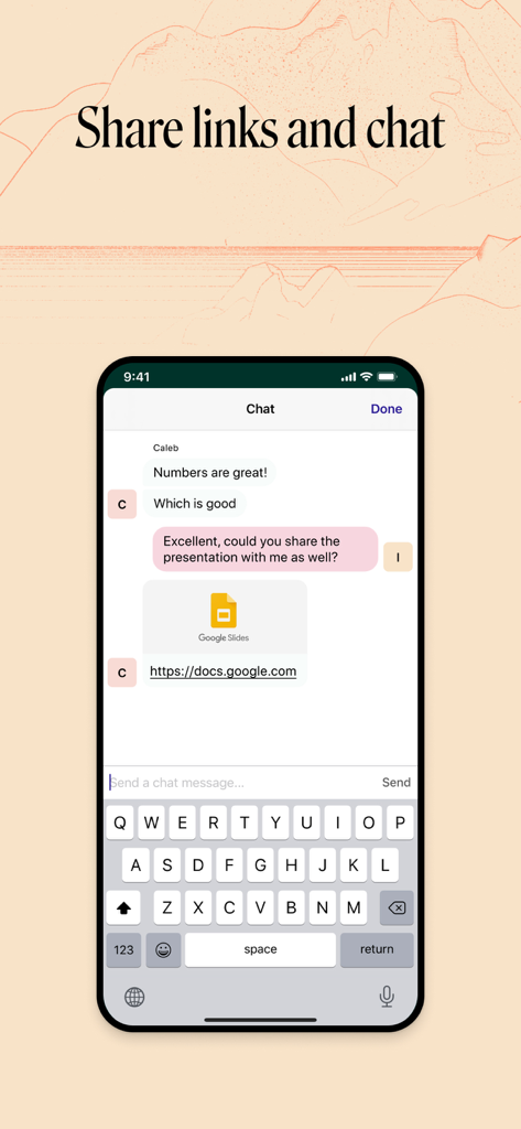 Whereby - Video Meetings - Interfaz de la aplicación móvil de Whereby que muestra la función de chat en la reunión con un enlace compartido de Google Slides